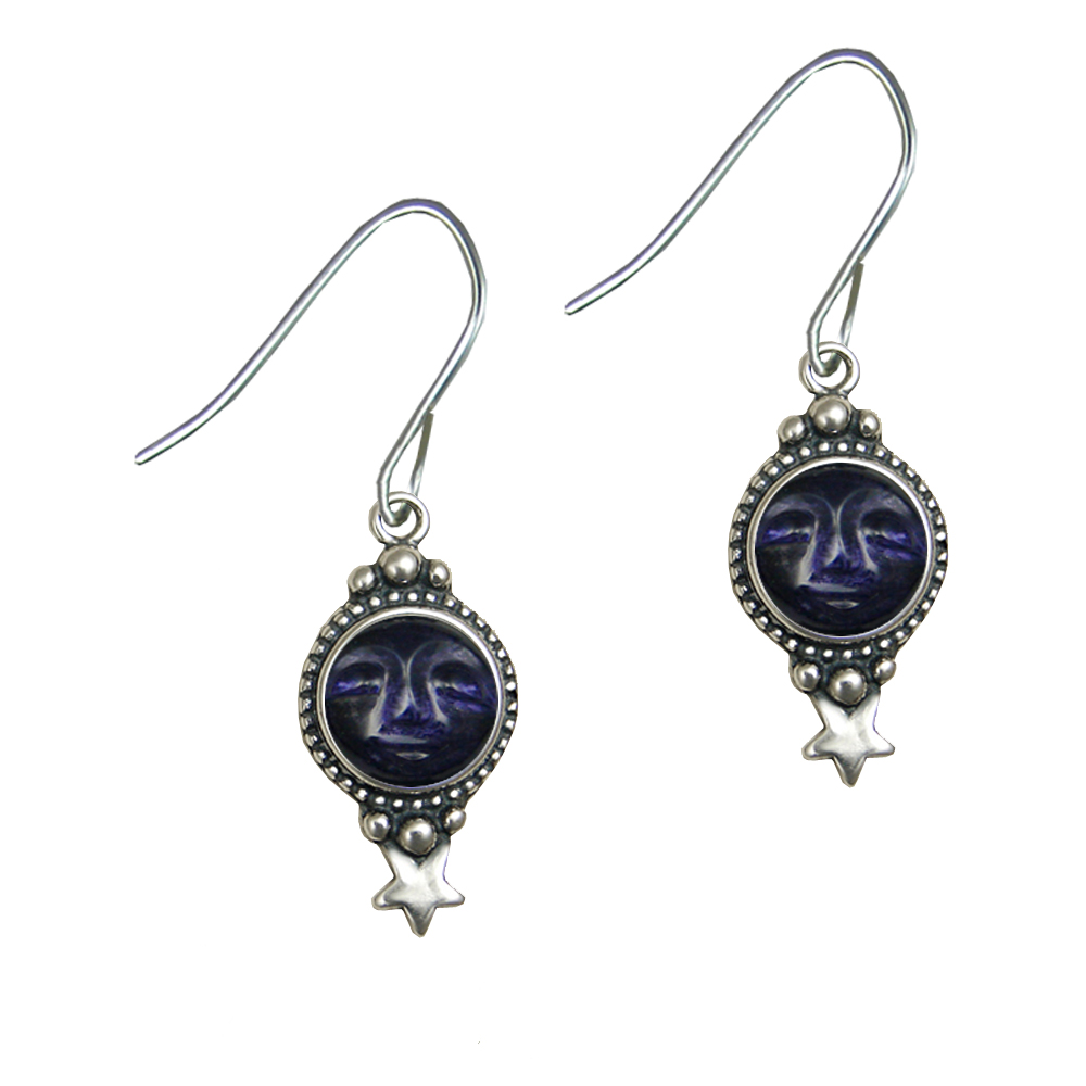 Sterling Silver Carved Iolite Moonface Drop Dangle Earrings